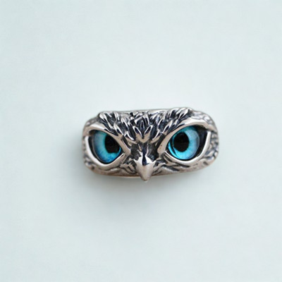 Owl of Good Luck Adjustable Ring in Silver and Opal